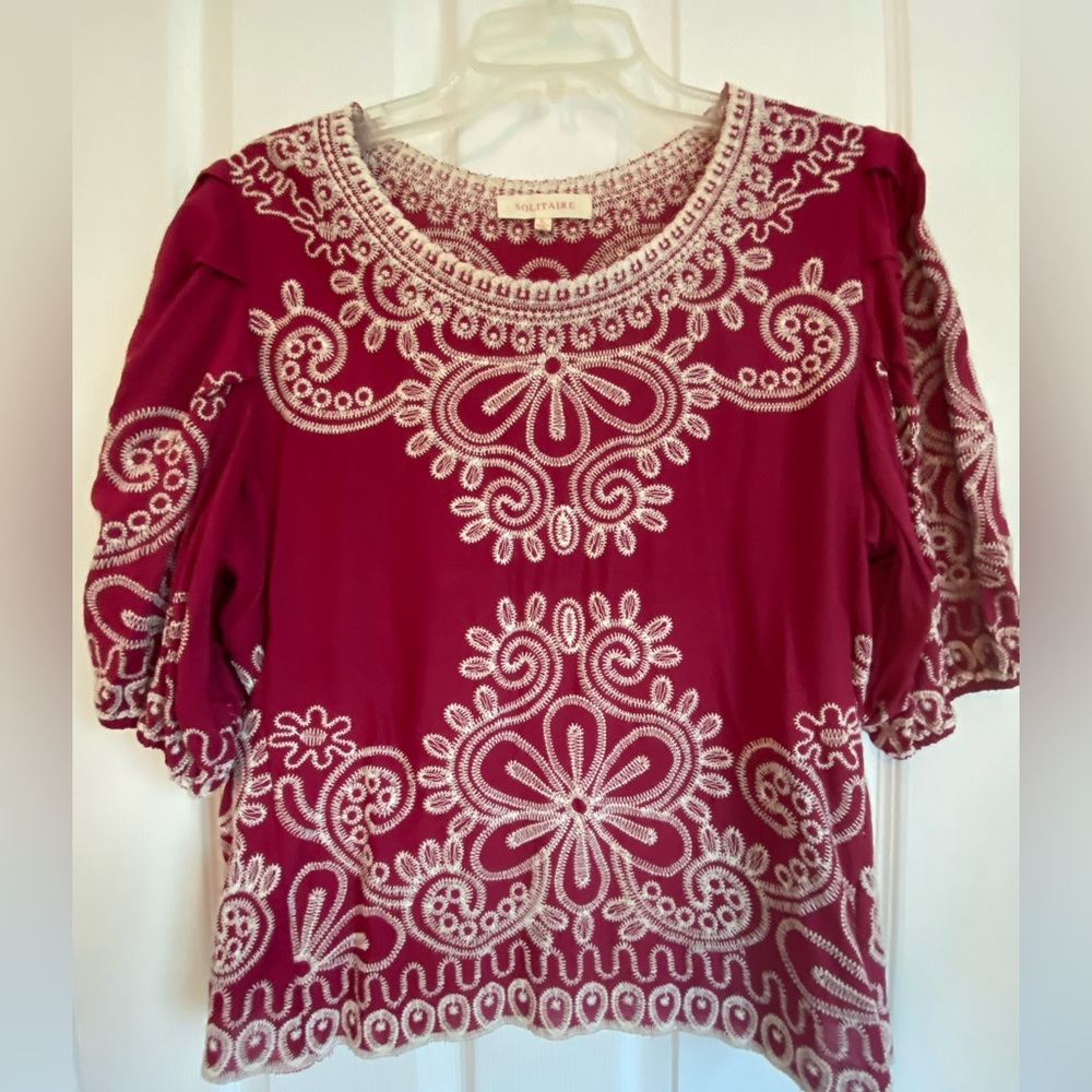 Solitaire Women's Burgundy Embroidered Blouse